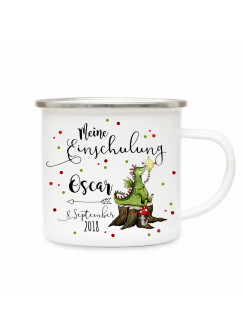 Emaille Becher Camping Tasse Drachen & Spruch meine Einschulung Kaffeetasse Geschenk mit Name Wunschname & Datum eb186