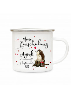 Emaille Becher Camping Tasse Igel & Spruch meine Einschulung Kaffeetasse Geschenk mit Name Wunschname & Datum eb187