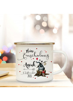 Emaille Becher Camping Tasse Waschbär & Spruch meine Einschulung Kaffeetasse Geschenk mit Name Wunschname & Datum eb188