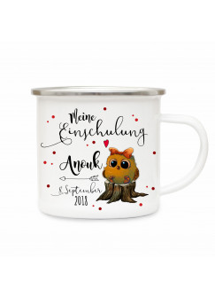 Emaille Becher Camping Tasse Eule & Spruch meine Einschulung Kaffeetasse Geschenk mit Name Wunschname & Datum eb189