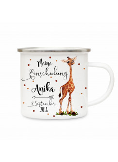 Emaille Becher Camping Tasse Giraffe & Spruch meine Einschulung Kaffeetasse Geschenk mit Name Wunschname & Datum eb190