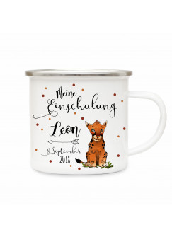 Emaille Becher Camping Tasse Tiger & Spruch meine Einschulung Kaffeetasse Geschenk mit Name Wunschname & Datum eb191