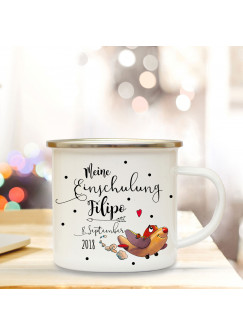 Emaille Becher Camping Tasse Flugzeug & Spruch meine Einschulung Kaffeetasse Geschenk mit Name Wunschname & Datum eb193