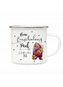 Emaille Becher Camping Tasse kleines Monster & Spruch meine Einschulung Kaffeetasse Geschenk mit Name Wunschname & Datum eb194