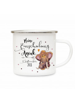 Emaille Becher Camping Tasse kleines Mammut & Spruch meine Einschulung Kaffeetasse Geschenk mit Name Wunschname & Datum eb195