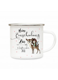 Emaille Becher Camping Tasse Elfe Fee auf Reh & Spruch meine Einschulung Kaffeetasse Geschenk mit Name Wunschname & Datum eb196