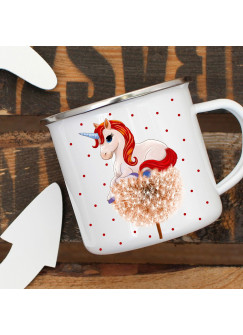 Emaille Tasse Becher mit Einhorn auf Pusteblume Kaffeebecher Einhorntasse mit Punkte eb02