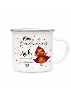 Emaille Becher Camping Tasse Ente Entchen mit Mantel mit Spruch meine Einschulung Kaffeetasse Geschenk eb201