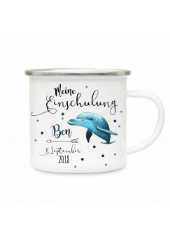 Emaille Becher Delphin Einschulung Camping Tasse Delfin mit Spruch meine Einschulung Kaffeetasse Geschenk eb203