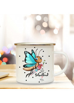 Emaillebecher Schmetterling Campingbecher Kaffeebecher mit Spruch "Schulkind" eb205