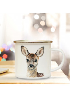 Emaillebecher mit Reh Rehkitz Motiv Campingtasse Rehkitztasse Becher Kaffeetasse Geschenk eb217