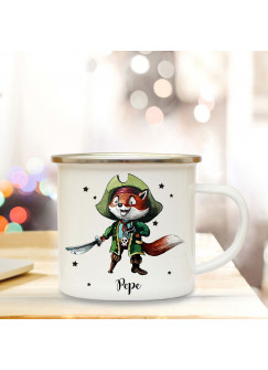 Emaillebecher mit Pirat Fuchs & Name Wunschname Campingtasse mit Füchschen Kaffeetasse Geschenk eb249