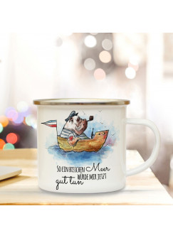 Emaille Tasse Becher mit Käpt'n Dogge Kaffeebecher Camping Becher mit Spruch Meer würde mir jetzt gut tun... eb25
