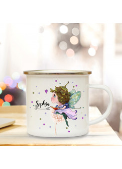 Emaillebecher mit Elfe Fee Pusteblume & Name Wunschname Campingtasse mit Punkte Kaffeetasse Geschenk eb255