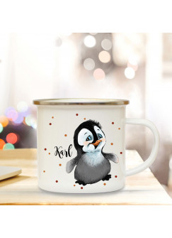 Emaillebecher mit Pinguin & Name Wunschname Campingtasse mit Punkte Kaffeetasse Geschenk eb256