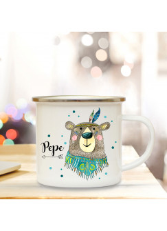 Emaillebecher mit Boho Bär & Name Wunschname Campingtasse mit Punkte Kaffeetasse Geschenk eb257