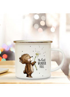 Emaille Tasse Becher mit Bär Pusteblume Kaffeebecher Camping Becher mit Spruch Du bist Wundervoll eb26