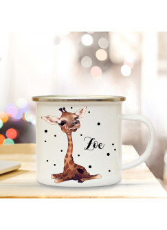 Emaillebecher mit Baby Giraffe & Name Wunschname Campingtasse mit Punkte Kaffeetasse Geschenk eb260