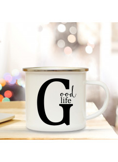 Emaille Tasse Emaillebecher Kaffeebecher mit Buchstabe G und Spruch Good life Campingtasse Geschenk eb275