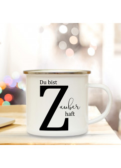 Emaille Tasse Emaillebecher Kaffeebecher mit Buchstabe Z und Spruch Zauberhaft Campingtasse Geschenk eb277