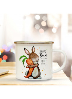 Emaille Tasse Becher mit Hase Häschen Kaffeebecher Camping Becher mit Spruch Ich mag dich volle Möhre eb28