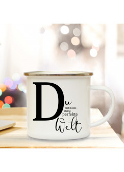 Emaille Tasse Emaillebecher Kaffeebecher mit Buchstabe D und Spruch Du perfekte Welt Campingtasse Geschenk eb281