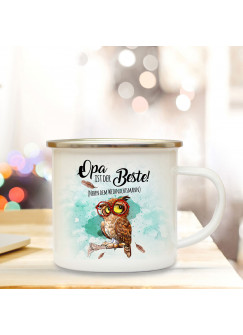 Emaille Becher Camping Tasse Eule mit Brille & Spruch Opa ist der Beste Kaffeetasse Geschenk eb285