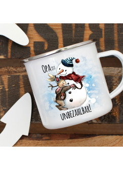 Emaille Becher Camping Tasse Schneemann mit Hase & Spruch Opa ist unbezahlbar Kaffeetasse Geschenk eb286