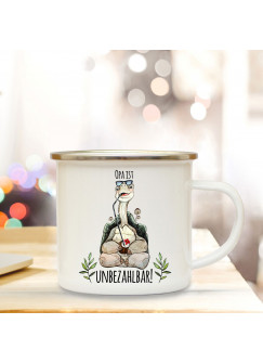 Emaille Becher Camping Tasse mit Schildkröte & Spruch Opa ist unbezahlbar Kaffeetasse Geschenk eb287