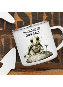 Emaille Becher Camping Tasse mit Babyschildkröte & Spruch Mama weiß viel Oma alles Kaffeetasse Geschenk eb288