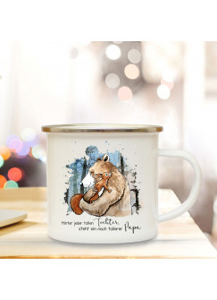 Emaille Becher Camping Tasse Bär mit Eichhörnchen & Spruch Hinter tollen Tochter steht tollerer Papa Kaffeetasse Geschenk eb291