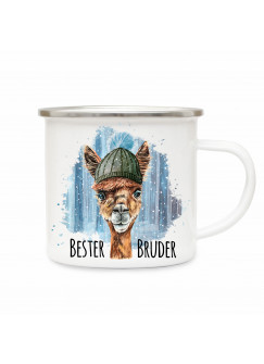 Emaille Becher Camping Tasse Lama mit Mütze & Spruch Bester Bruder Kaffeetasse Geschenk eb293