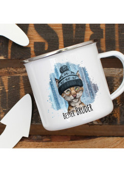 Emaille Becher Camping Tasse Luchs mit Mütze & Spruch Bester Bruder Kaffeetasse Geschenk eb294