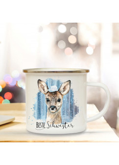 Emaille Becher Camping Tasse Reh Rehkitz mit Schnee & Spruch Beste Schwester Kaffeetasse Geschenk eb295