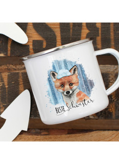 Emaille Becher Camping Tasse Fuchs mit Schnee & Spruch Beste Schwester Kaffeetasse Geschenk eb296