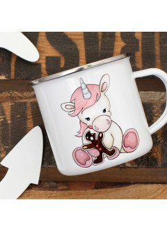 Emaille Tasse Becher Einhorn mit Lebkuchen Kaffeebecher Einhorntasse eb03