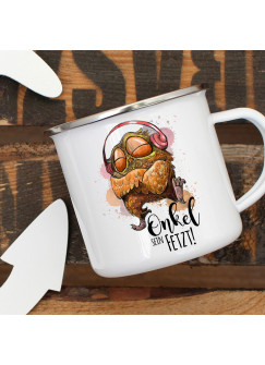 Emaille Becher Camping Tasse Eule Uhu Kopfhörer & Spruch Onkel sein fetzt Kaffeetasse Geschenk eb300