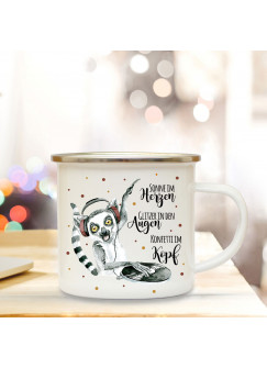 Emaille Becher Camping Tasse Lemur Affe Äffchen DJ & Spruch Konfetti im Kopf Kaffeetasse Geschenk Spruchecher eb304