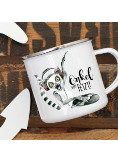 Emaille Becher Camping Tasse Lemur Affe Äffchen & Spruch Onkel sein fetzt Kaffeetasse Geschenk Spruchecher eb305