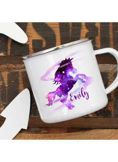 Emaille Becher Camping Tasse mit galaktisches Einhorn Galaxie & Wunschname Name Kaffeetasse Geschenk eb311