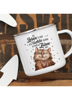 Emaille Becher Camping Tasse mit Katze Kater & Spruch lächle solange du Zähne hast Kaffeetasse Geschenk Spruchbecher eb317