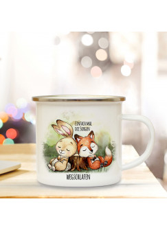 Emaille Becher Camping Tasse Hase & Fuchs Spruch Einfach Sorgen wegschlafen Kaffeetasse Geschenk Spruchbecher eb318