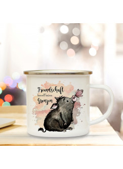 Emaille Becher Camping Tasse Schwein & Schmetterling Spruch Freundschaft Kaffeetasse Geschenk Spruchbecher eb320