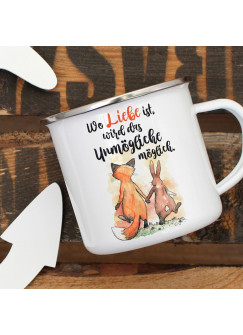 Emaille Becher Camping Tasse Fuchs & Hase Spruch Wo Liebe ist... Kaffeetasse Geschenk Spruchbecher eb322