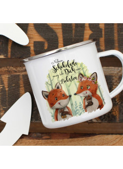 Emaille Becher Camping Tasse Fuchs Pärchen Spruch Neben Schokolade mag ich Dich... Kaffeetasse Geschenk Spruchbecher eb324