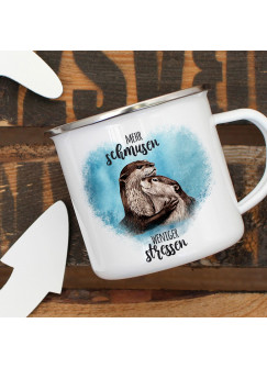 Emaille Becher Camping Tasse Otter Pärchen blau Spruch Mehr schmusen weniger stressen Kaffeetasse Geschenk Spruchbecher eb326