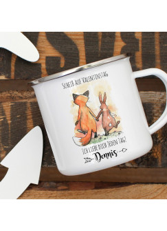 Emaille Becher Camping Tasse Fuchs Hase Pärchen Spruch Scheiß auf Valentinstag Kaffeetasse Geschenk Wunschname eb330