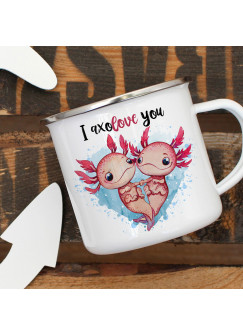 Emaille Becher Camping Tasse Motiv Axolotl Pärchen Spruch I axolove you Kaffeetasse Geschenk Spruchbecher eb331