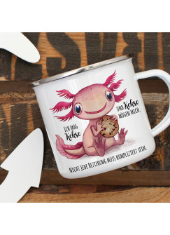 Emaille Becher Camping Tasse Motiv Axolotl Spruch Ich mag Kekse und Kekse mögen mich Kaffeetasse Geschenk Spruchbecher eb334