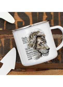 Emaille Becher Camping Tasse Motiv Löwe Löwenkopf Spruch Stärke kommt von Überwindung Kaffeetasse Geschenk Spruchbecher eb336